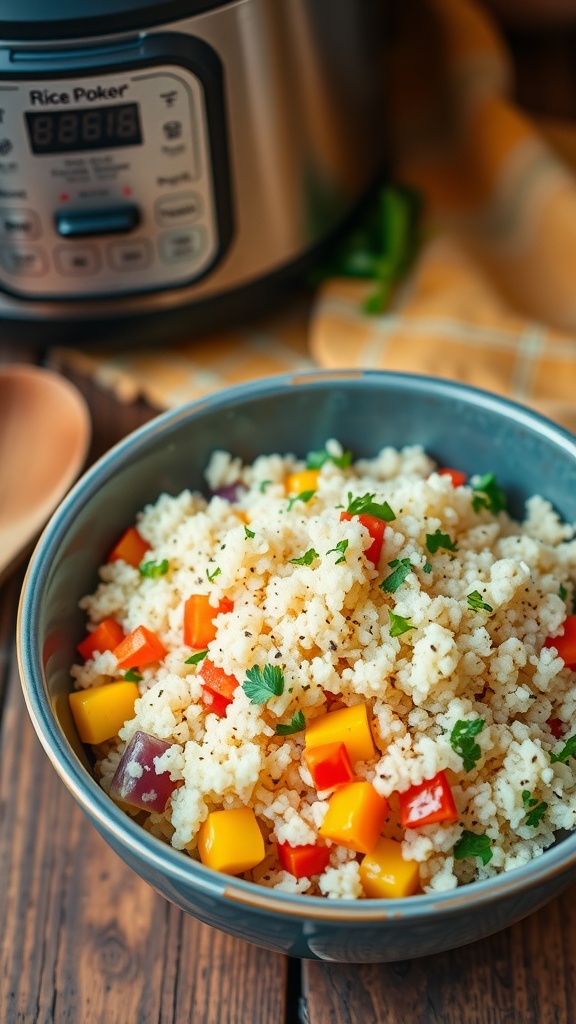 A bowl of fluffy quinoa with herbs and vegetables, next to a rice cooker in a rustic kitchen.